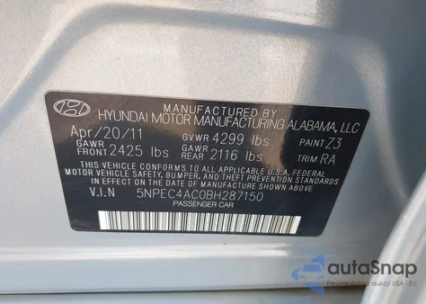 2011 Hyundai Sonata Limited from USA, damaged, VIN 5NPEC4AC0BH287150